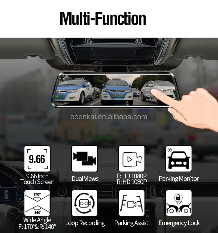 10Inch Full Touch Screen Dashboard Rearview Mirror With Hidden Camera Video Recorder For Cars