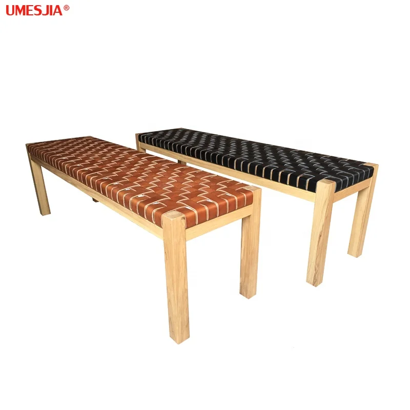 Vintage country style Ash solid wood benchs woven genuine leather Brown black Rectangular wood stool Livingroom Furniture