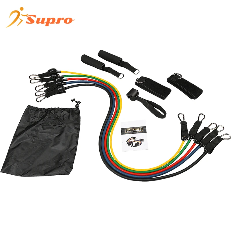 Supro Manufacture Hot Sale Custom Heavy Workout Latex Fitness 11pcs Resistance Bands Set