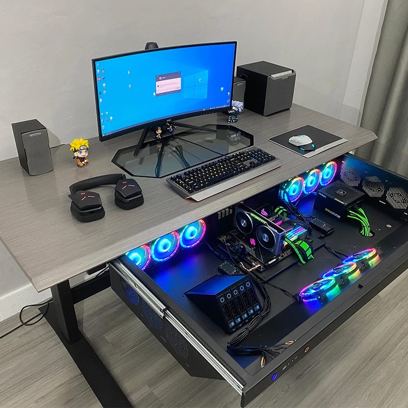 2023 Pull-Out Drawer PC Table Desk RGB ATX  DIY Cooling Fan Computer Gaming Case And Desk Two In One Combo