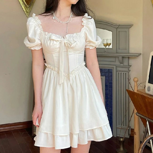 Customization Summer Square Neck Sweet Sundress Puff Sleeve Korean Casual Mini Dress
