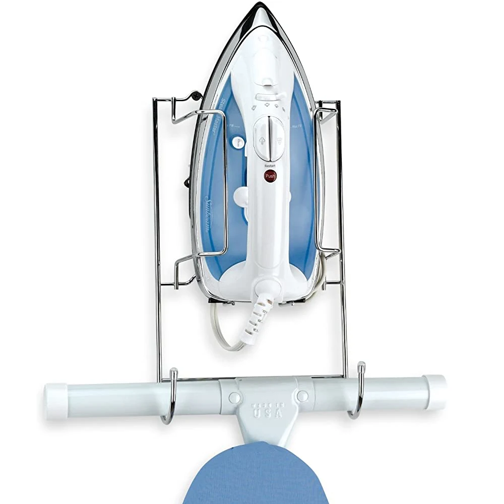 Steel Metal Over Door Ironing Board Holder with Large Storage Basket for Laundry Utility Mudroom Garage - Holds Iron