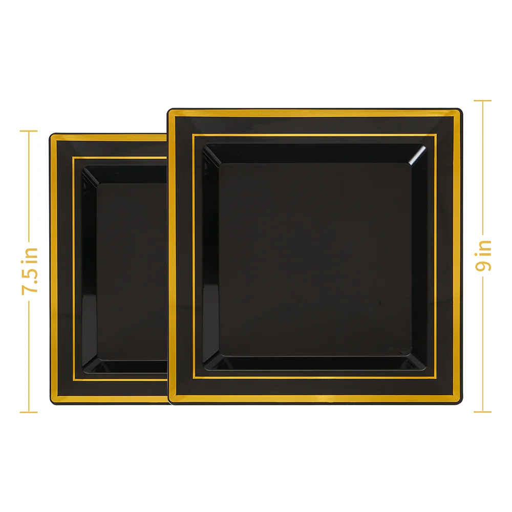 Cheap golden rim decorative wedding party disposable square plastic plates and cutlery