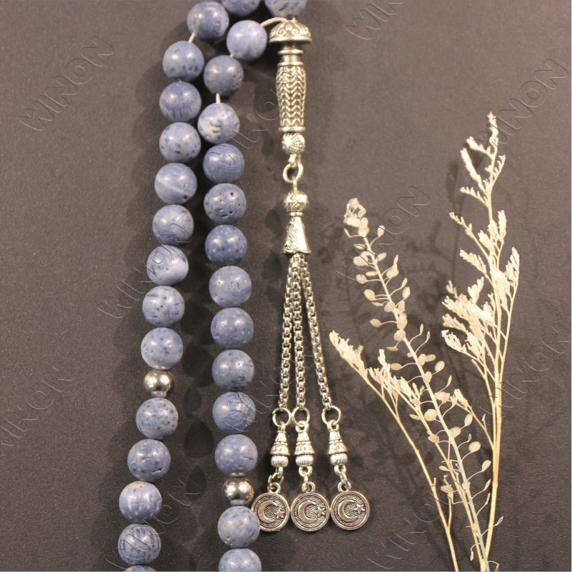 Натуральный синий коралловый мусульманский четки Tasbih Tasbeeh Islamic 33 молитвенные пижамы мисбаха розариус Eid Ramadan подарок