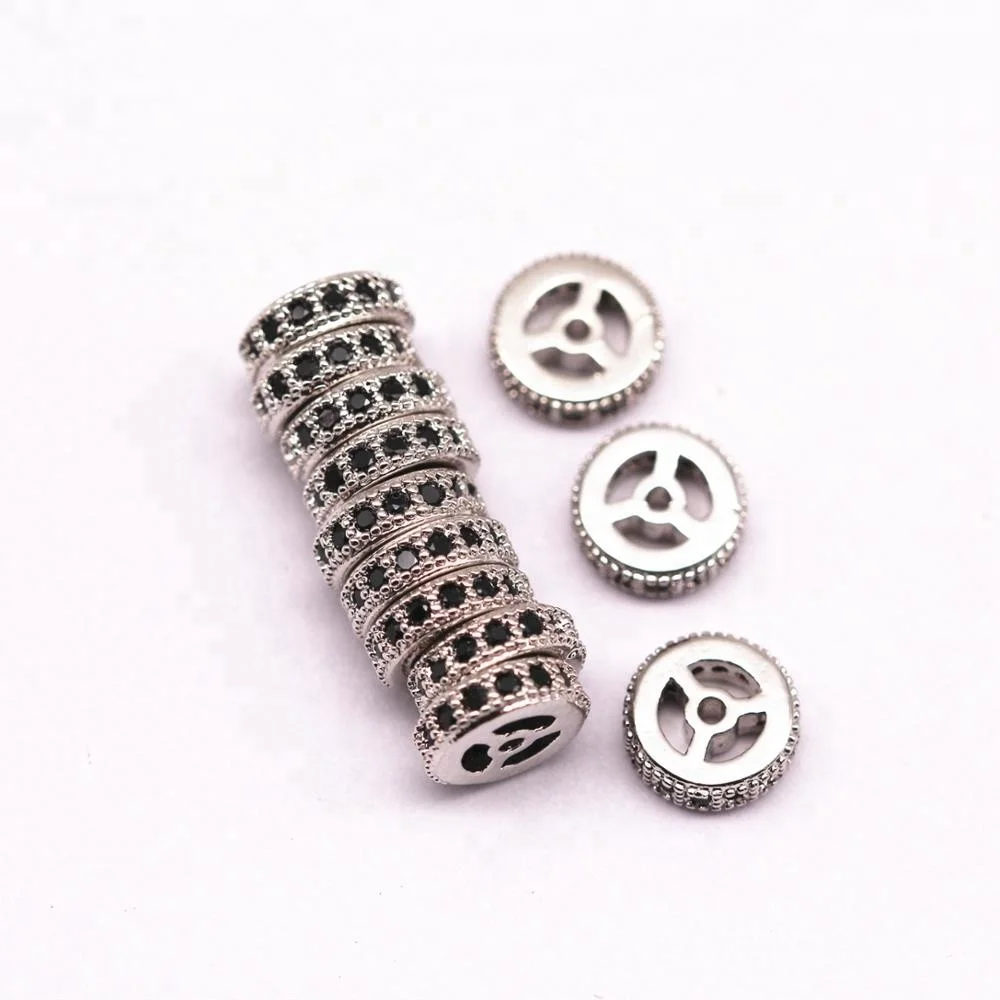 Bulk Price Silver Plated Gun Black Zircon Flat Wheel Ball Shape Mirco Pave Charm and Beads for Jewelry Making 8mm 10mm