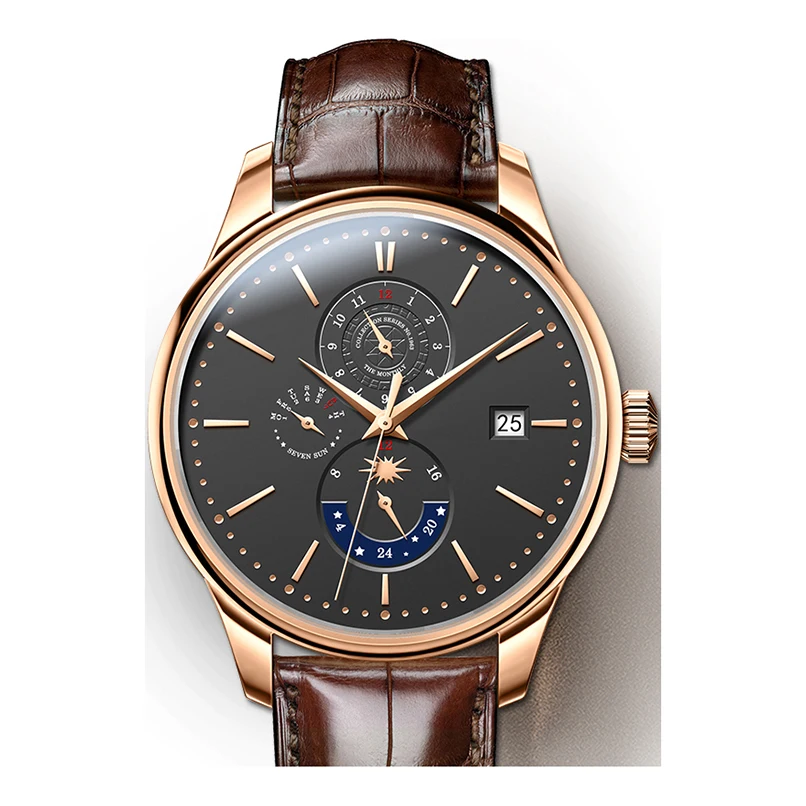 Latest cow leather strap complete calendar 24 hours show men mechanical automatic watch