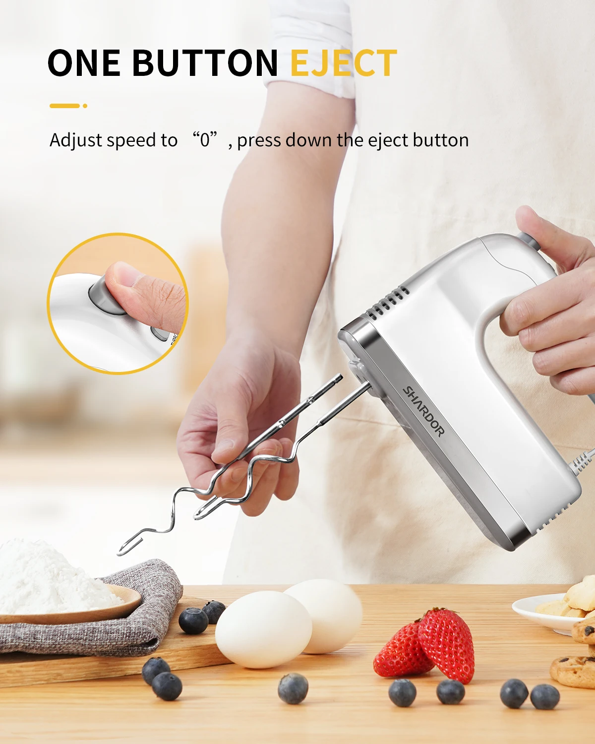 2024 Turbo Boost Speed Adjustable Hand Mixer Blender Eject Button Cooking Baking Cakes Eggs Dough Baking Mixer Handheld