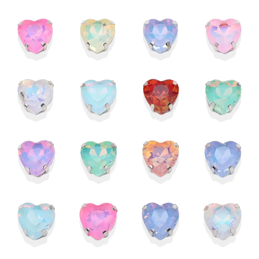 SZ Wholesale 10mm Heart Glass Sew On Rhinestones Mocha Opal AB Crystal Perforate Setting Claw Strass For Clothe Wedding Shoes