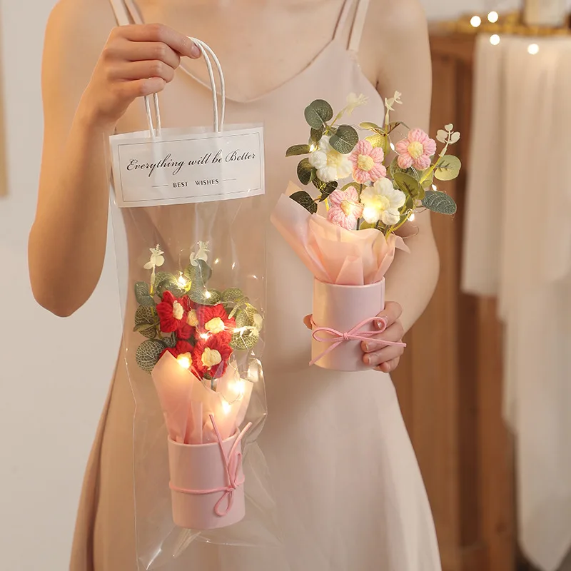 Christmas Valentines Day Gift Handmade DIY Knitted Woolen Flower Bouquet Crochet Mini Flower Bouquet Gift for Mom Women Girls