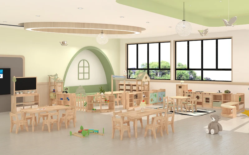 Kindergarten art area solid wood furniture baby learning interactive multifunctional combination table and chair