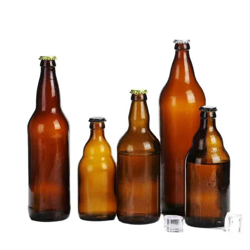 Custom amber brown blue 250ml 330ml 500ml 1liter empty glass beer bottles with crown cap