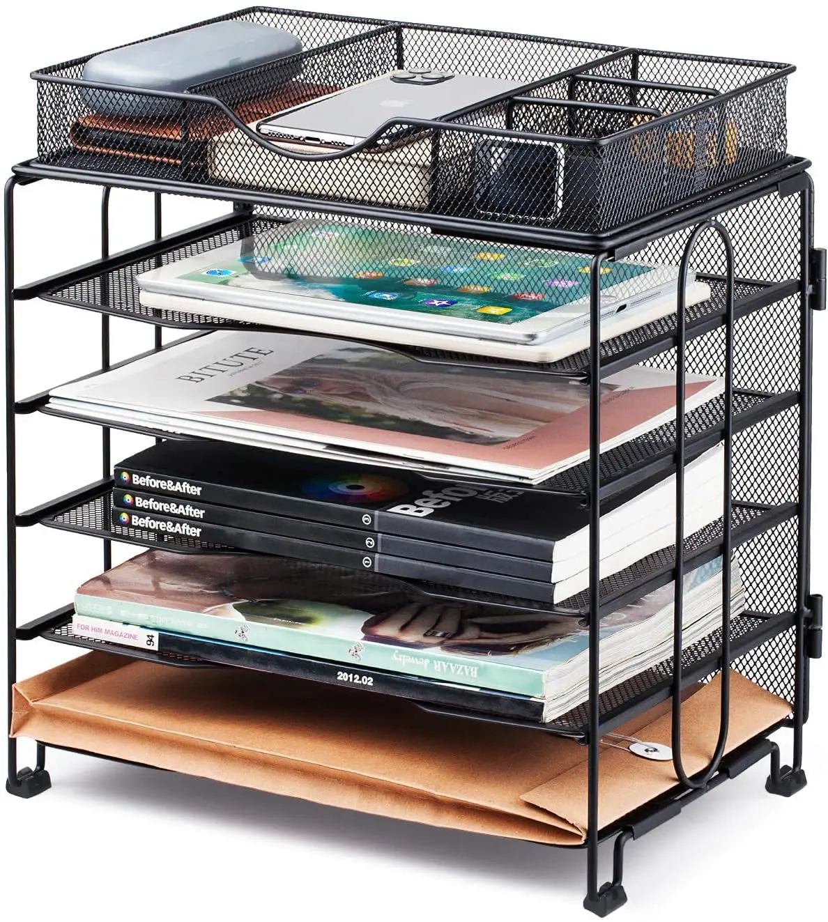 5 Tier Desk File Shelf Mailroom Mail Sorter Paper Letter Trays with Drawer Organizer for Home & Office