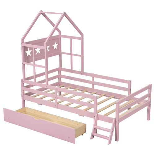 Pink wooden house theme princess bed with guardrail and drawer storage space suitable for children.