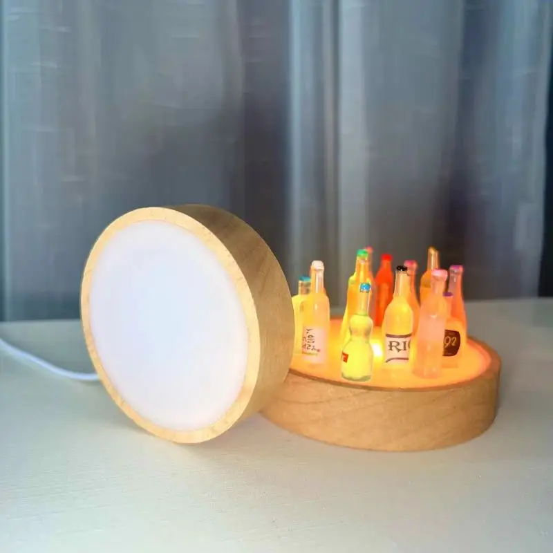 2024 new product round shape LED wooden light base 3D acrylic panel lamp wood table lamp for christmas gift