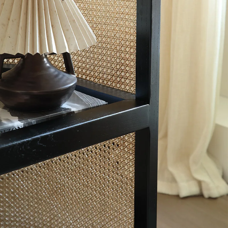 Dreamhause Solid Wood Black Rattan Shelf Living Room Multi-layer Floor Bookshelf Corner Cabinet Storage Wooden Display Shelf