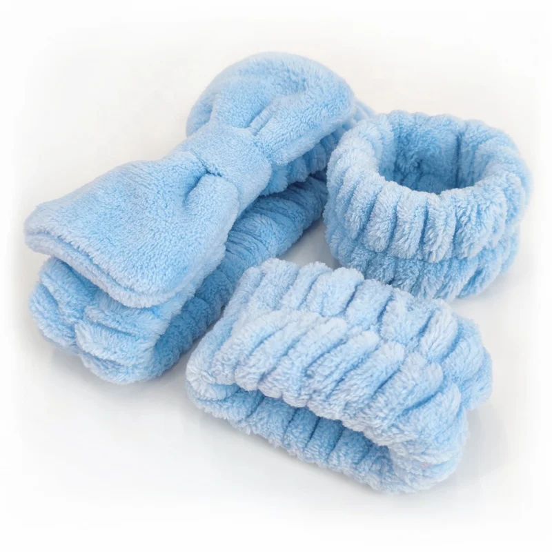 Multiple Colors Face Wash Set Flannel Spa Headband Wristbands With Logo Custom Bath Headband Women Girl Pairs Wrist Spa Washband