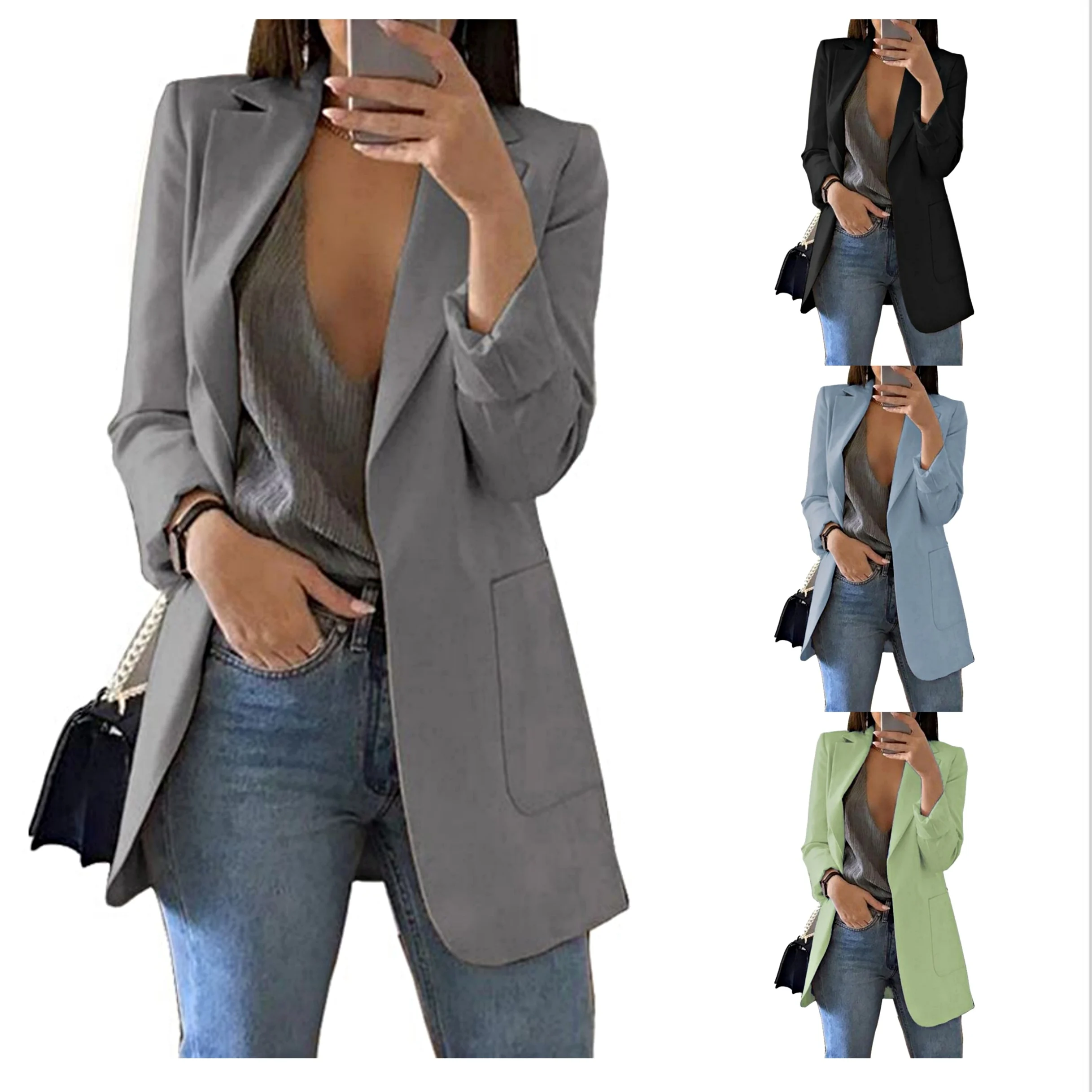 Autumn Casual Lapel Slim Suit Long Sleeve Work Coat Office Lady Elegant Blazers