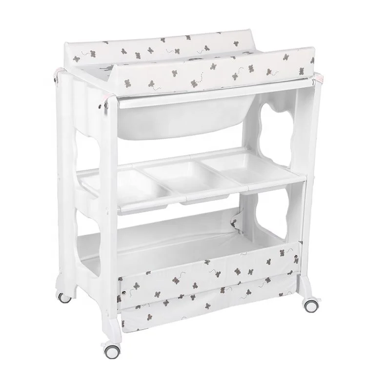 Multifunctional baby changing table with bath tub Folding 4 wheels portable high standing