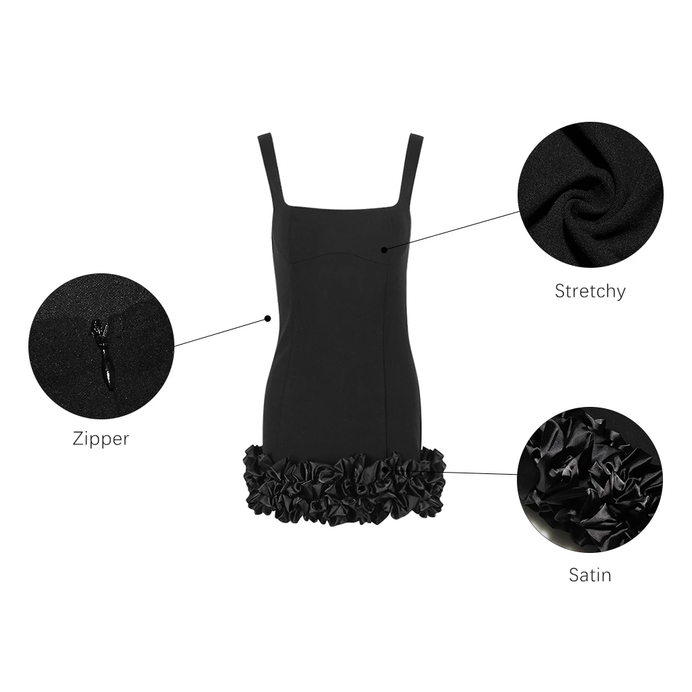 Polyester Elegant Black Sexy Dress Elastic Straps Square Neck Ruffles Hidden Zippers Slim Mini Club Dresses Women Clothes