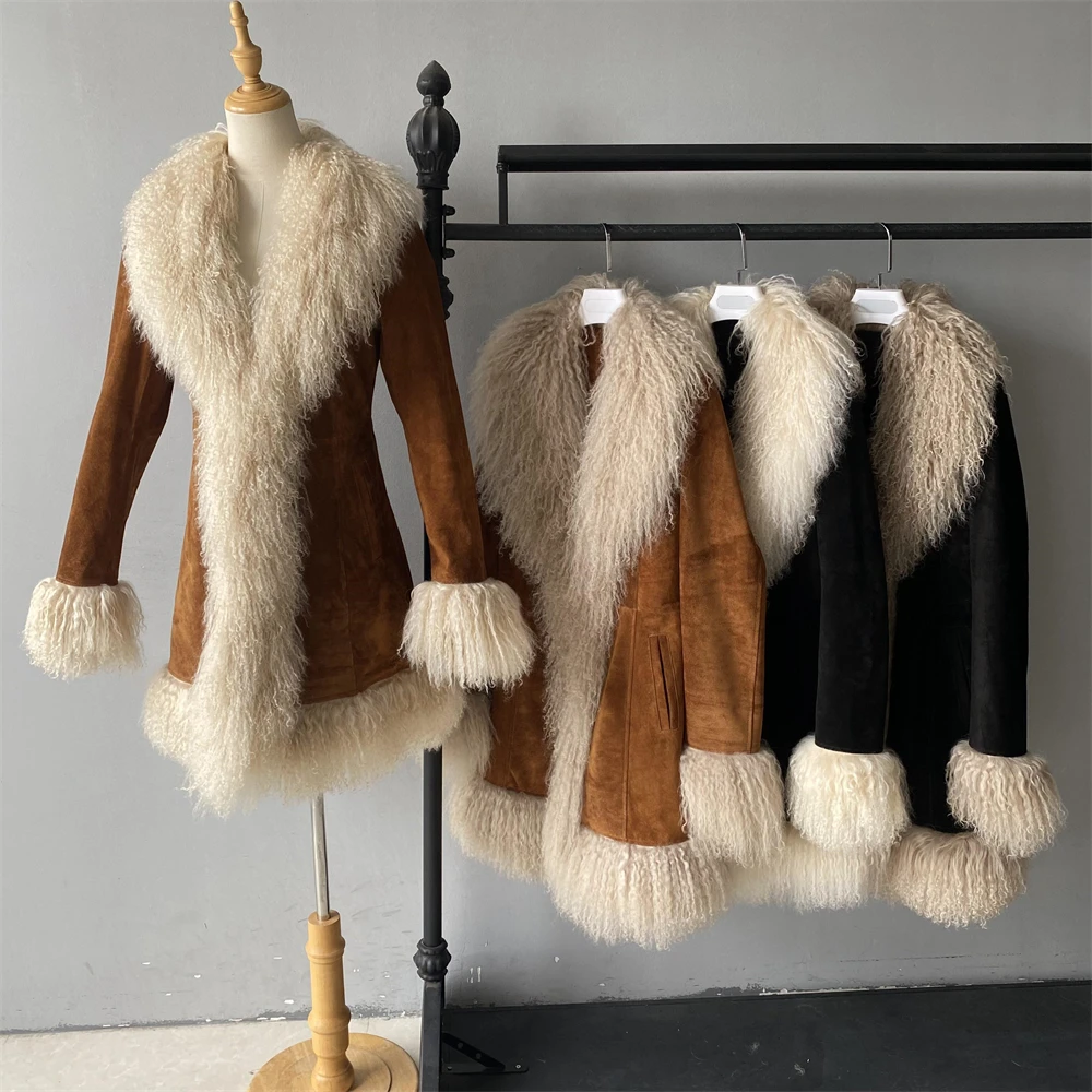 Fashion Luxury Genuine Sheep Leather Trench Coat Big Real Mongolian Lamb Fur Collar Custom Winter Suede Leather Coat for Women