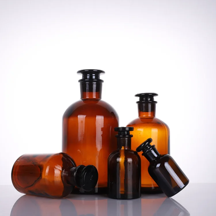 60ml 125ml 250ml 500ml 1000ml Narrow mouth amber lab glassware brown glass narrow mouth reagent bottle with glass stoppers