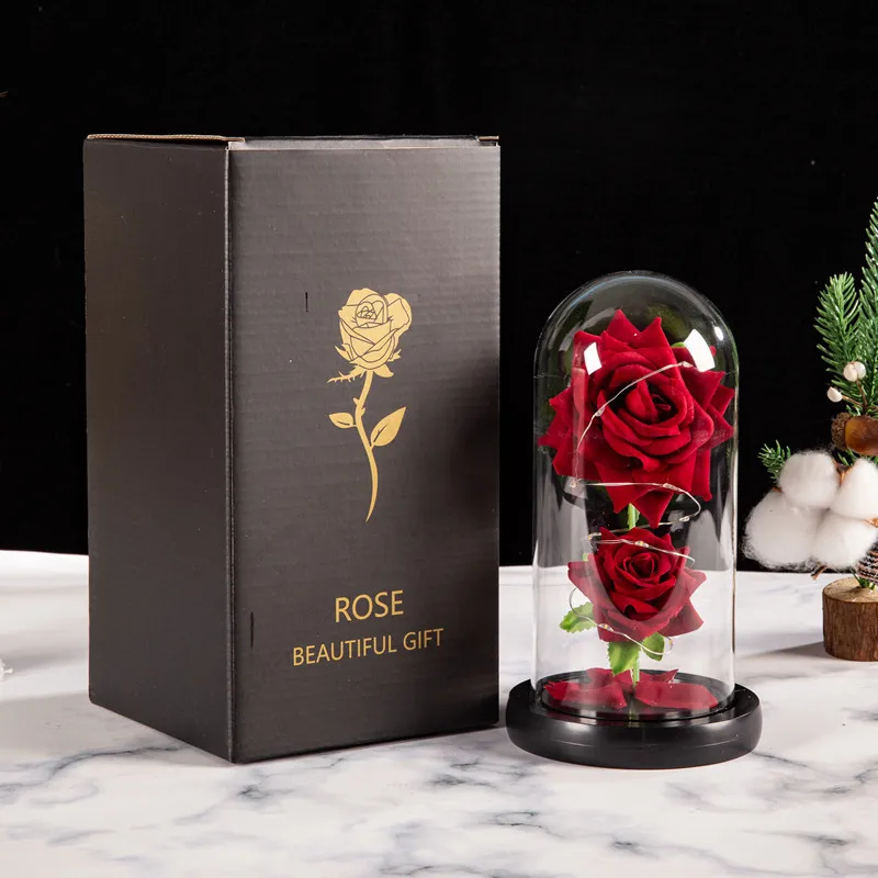 Customized Mothers Day Gifts Beauty Beast Belle Led Red Real Eternal Flower Preserved Roses in Glass Dome