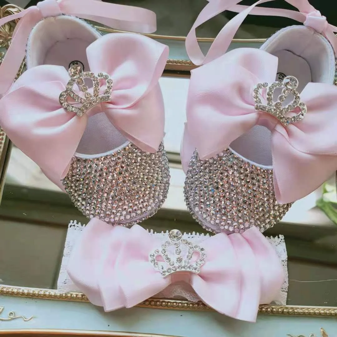 Custom Name Stylish Baby Girl Shiny Shoes Glitter Rhinestone Baby Gender Reveal Shoes with Hair Bow Set for Birth Announcement