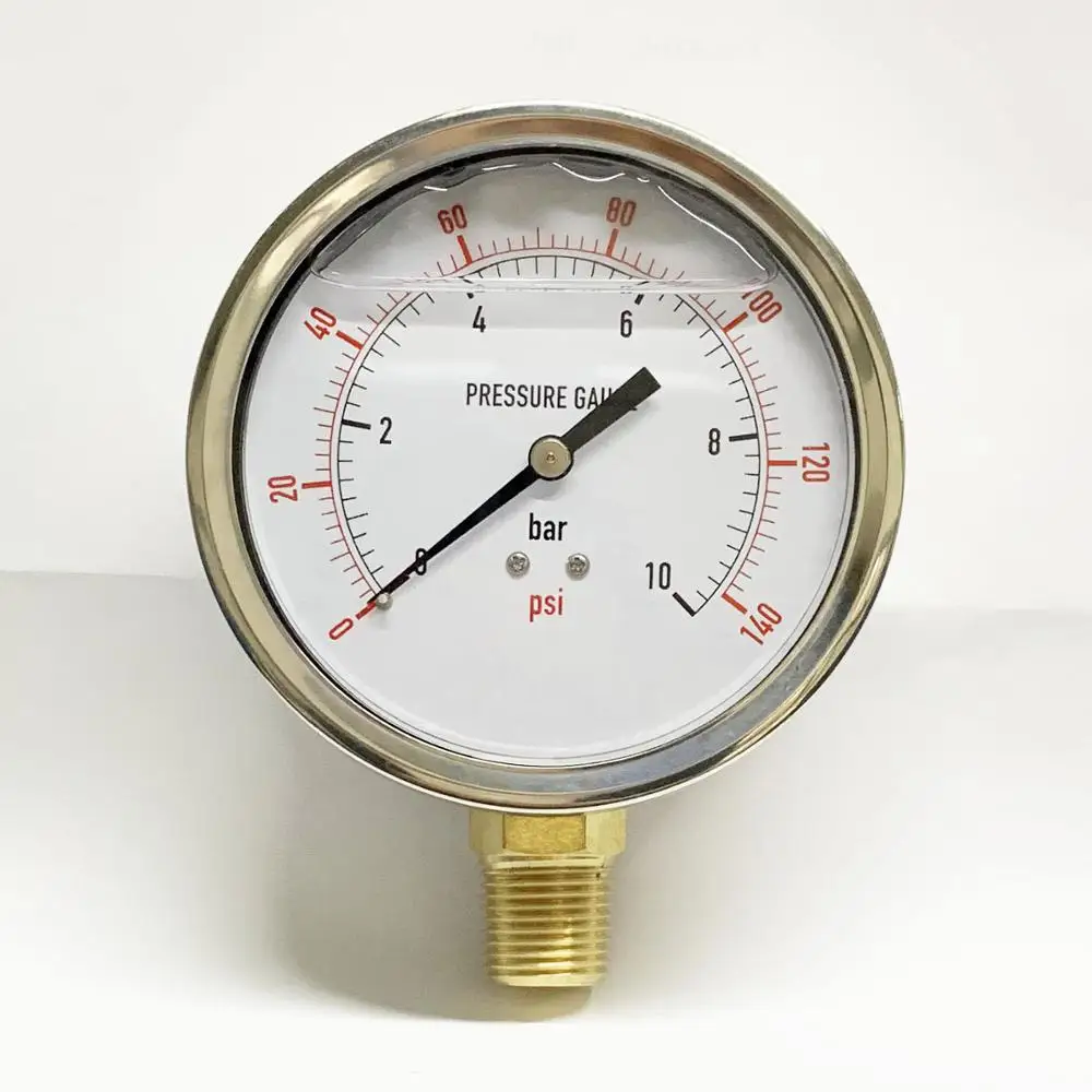 Y100 1/2NPT 10bar/140psi Safe Glass Stainlrss Steel Gauge Lquide Filled Manometer Vibration Proof Pressure Gauge Glycerin Filled