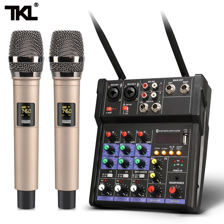  TKL контрольно-УВЧ беспроводной микрофон 4 канала DJ микшер live MP3 студийный Мини КТВ звукомикшер USB микшерная