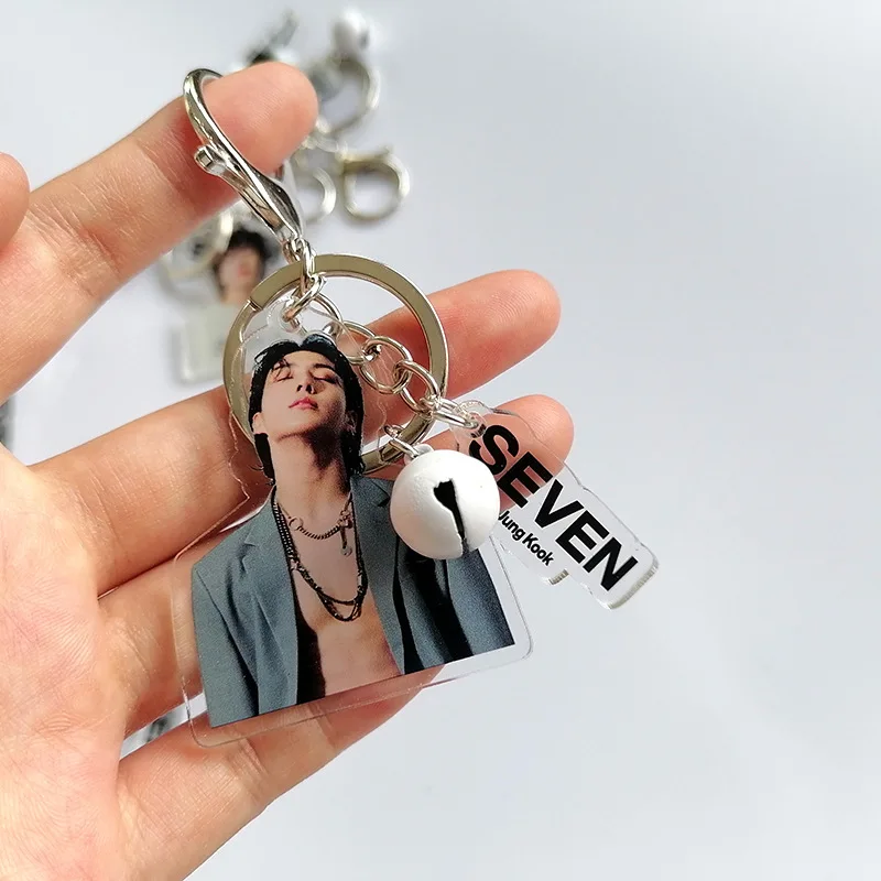 KPOP JK SEVEN Solo HD Photo Printed Acrylic Keychains with Bell Fashion Keyring Car Key Bag Decorative Pendant Fans Gifts