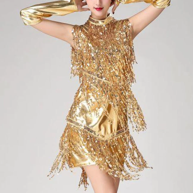 OEM ODM Custom Sexy Competition Ballroom Sequined Dancing Dresses Women Tassel Latin Dance Dress
