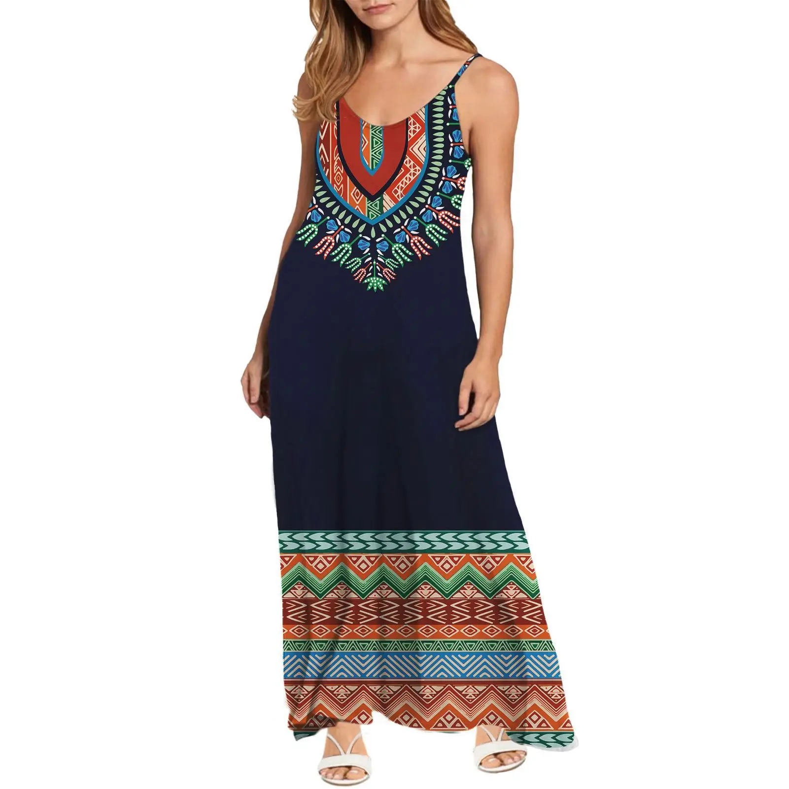 
African Print Kente Dashiki Style Long Dresses Women Maxi Casual V Neck Boho Adjustable Spaghetti Strap Ethnic Beach Long Dress 
