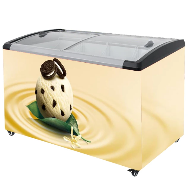 Good Quality Display Mini Deep Led Lights Refrigerator Curved Sliding Door Ice Cream Showcase Freezer