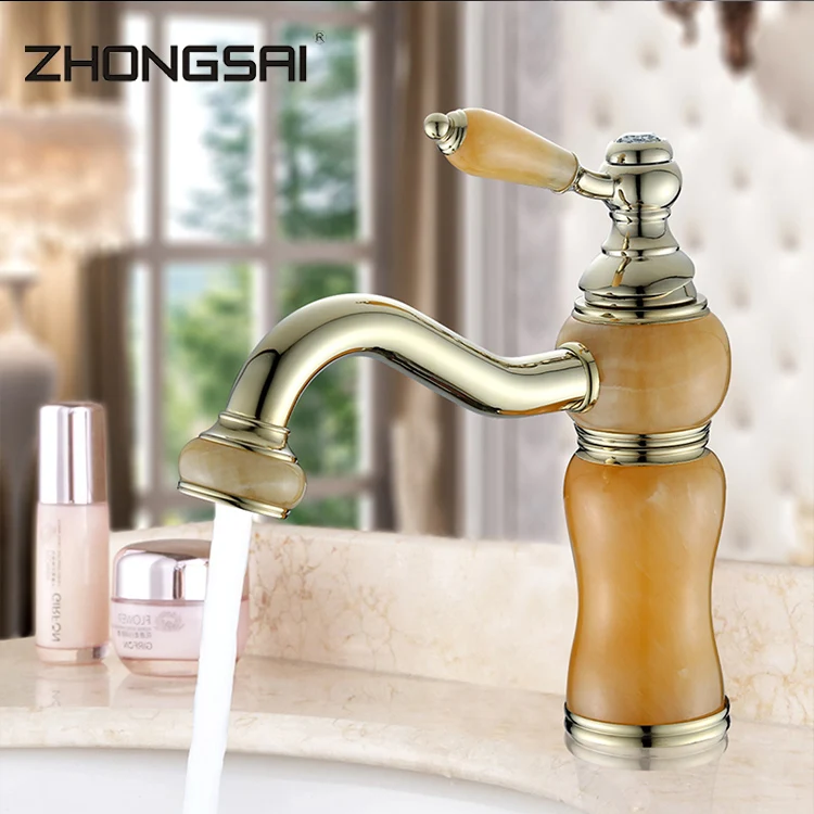 Natural Marble Golden Plated Stone Handle Basin Tap Faucet