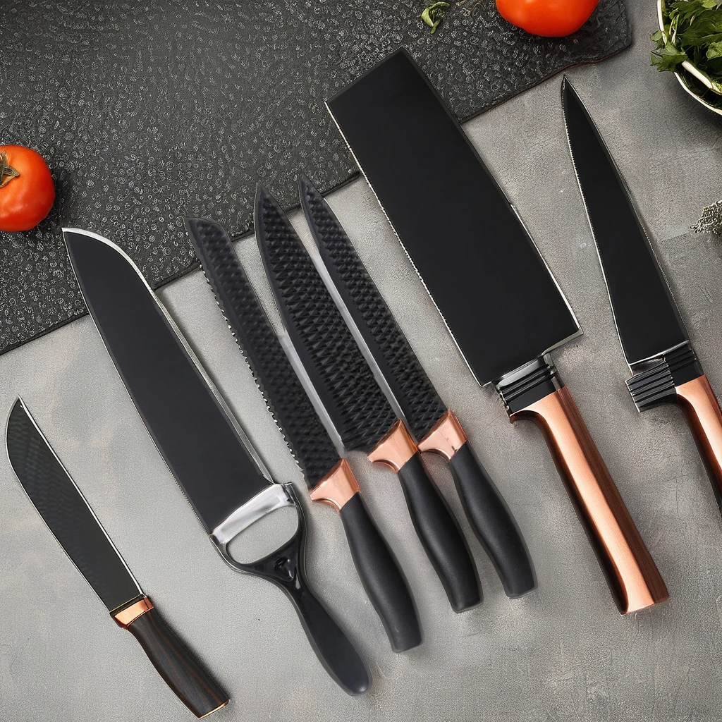 Top Seller 6-Piece Kitchen Knife Set Non-Stick Coating Chef Knife Gift Box Stainless Steel Blades Black for Kitchen Usage