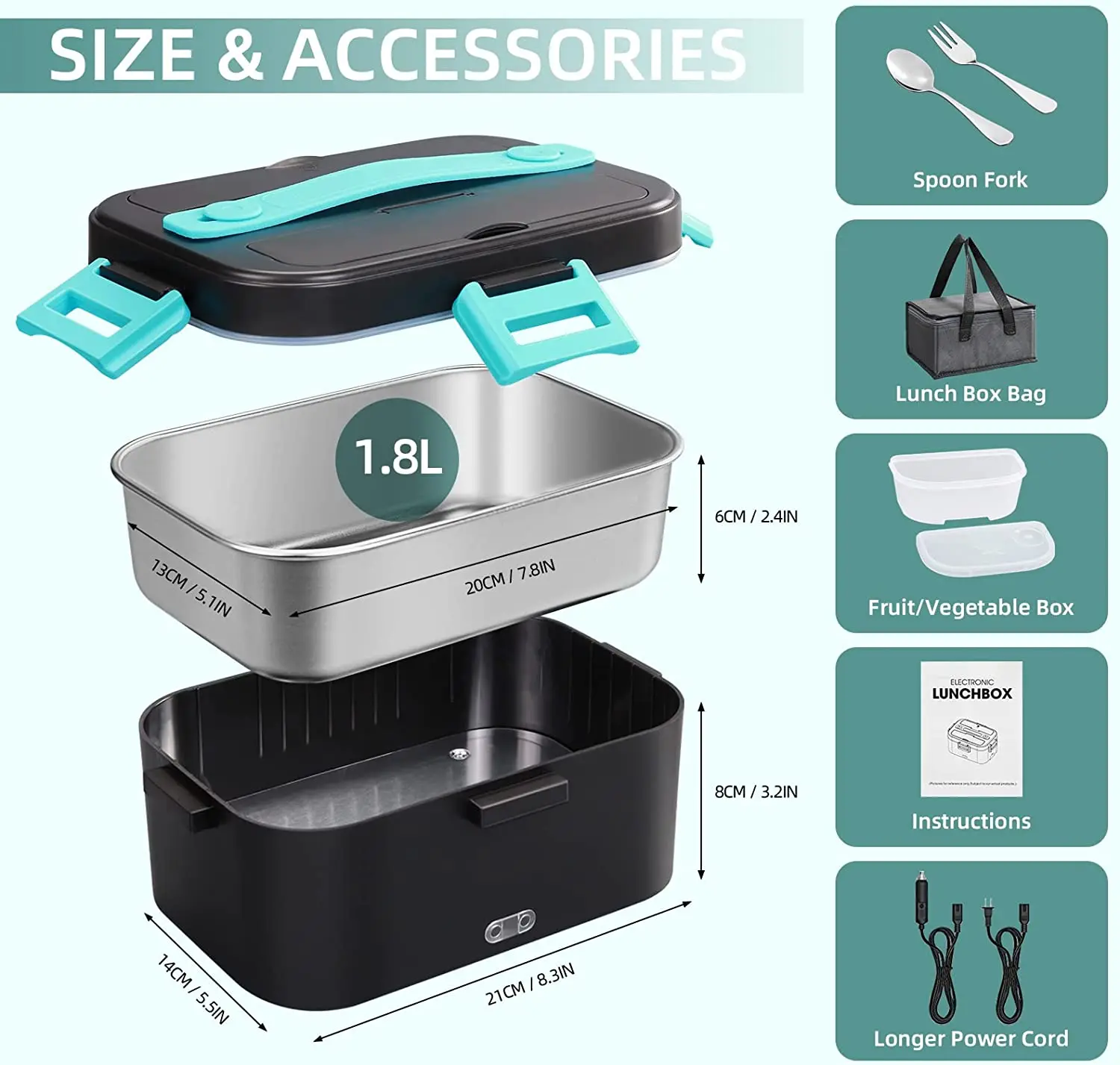 75W Electric Lunch Box Food Heater 1.8L Large Capacity heated Lunch Box Suitable for adult/work/car/office,3 in 1 lunch box