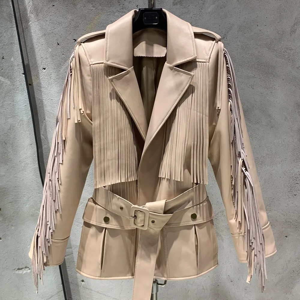 High quality tassel real leather jacket fringed leather blazer jackets beige leather jacket women
