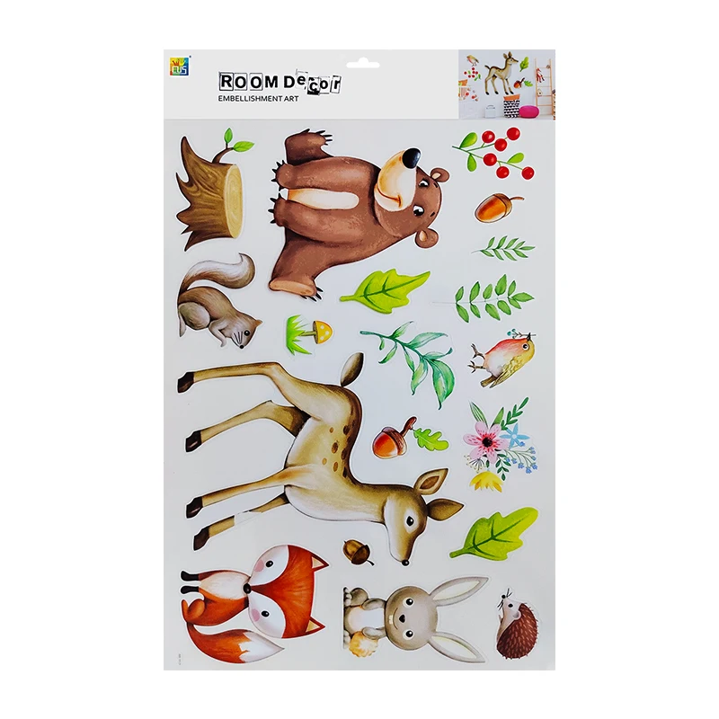 Custom design deer bear cute rabbit tree and animal pvc wall stickers for kids bedroom home decoration