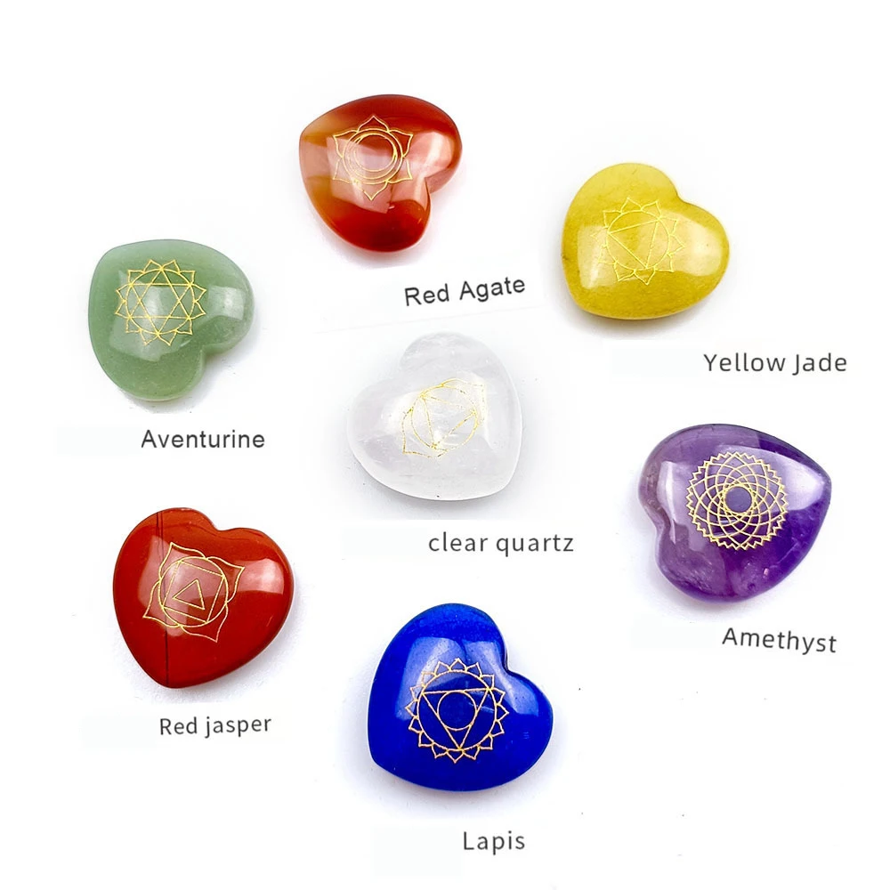 7pcs Chakra Natural Stones Beads Ornament for Jewelry Making Engraved Symbols Polished Stone Reiki Healing Stone Divination Gift
