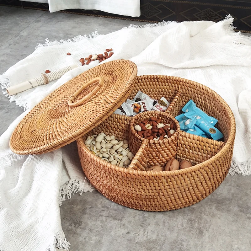 Home Creative Separation Storage Basket Living Room Coffee Table Desktop Storage Box Natural Rattan Snacks Candy Basket