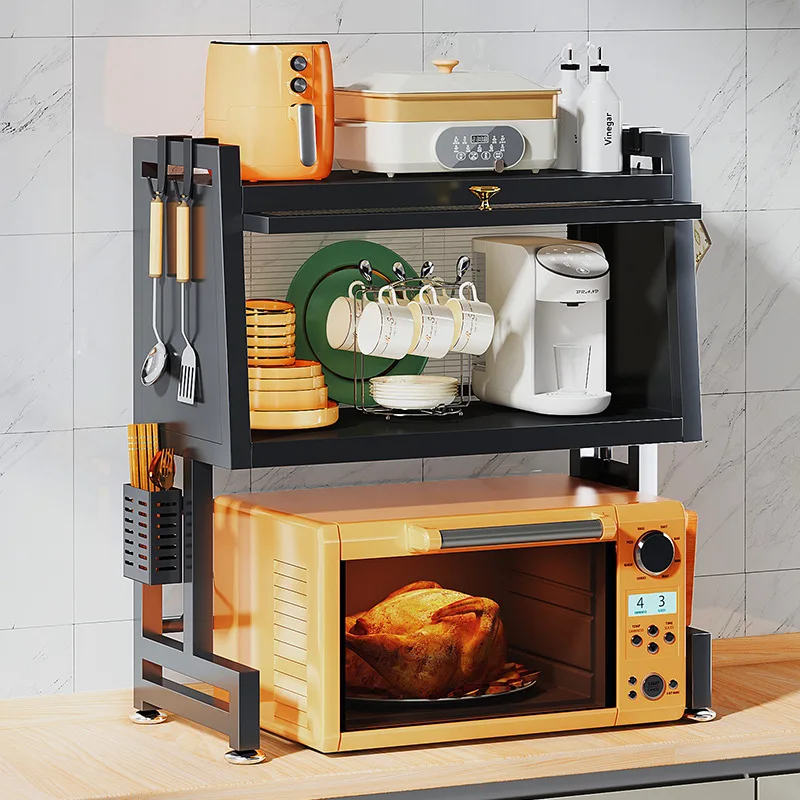 Two-layer Microwave Oven Rack Metal Kitchen Storage Cabinet with Door for Countertop Pot and Electrical Oven Storage Rack Double