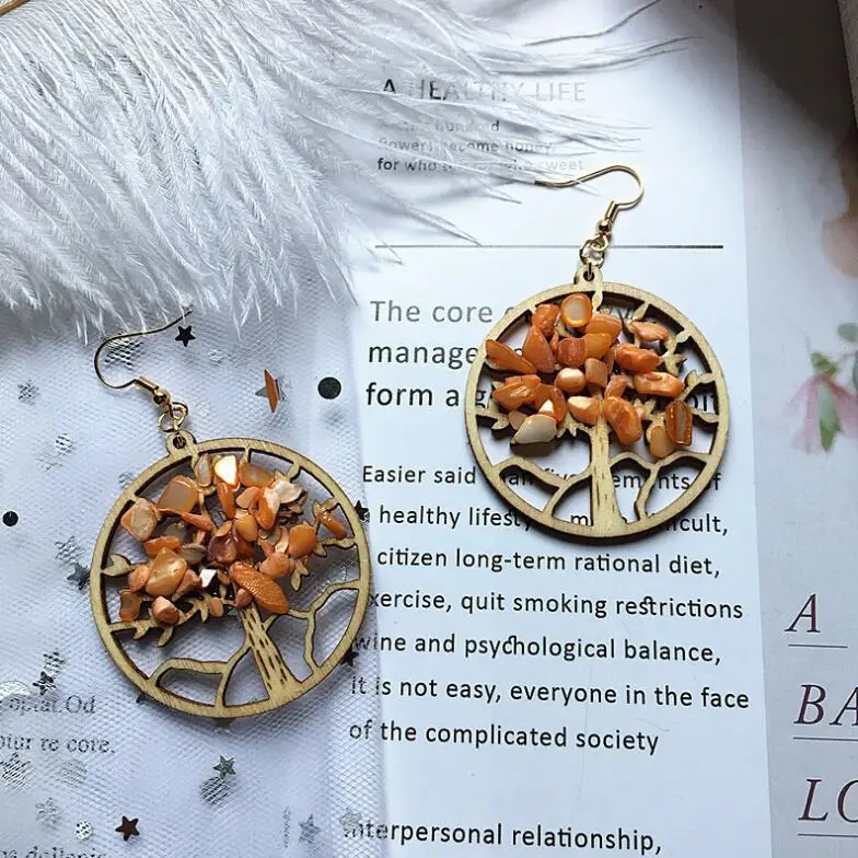 
wholesale vintage wood earrings jewelry fashion wooden flower dangle earrings statement natural stone earrings for women 