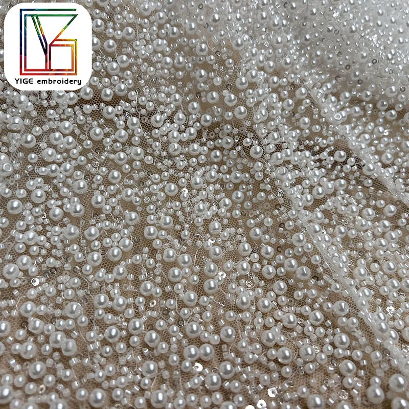 luxury white hand beaded fabric wedding tulle high density pearl lace bridal Beads sequin lace fabric