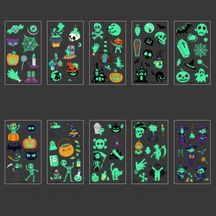 Eco-friendly Carton Style Halloween Party Face & Body Glow In The Dark Tattoo Sticker For Kids