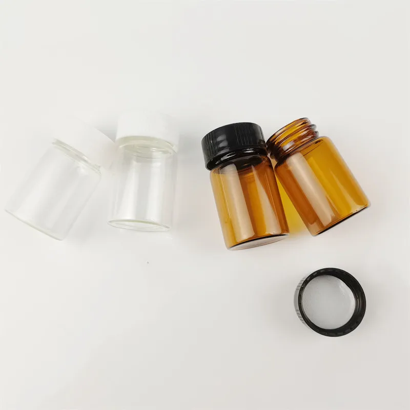 15ml small clear glass pill bottle wide mouth for tablet pharmaceutical round glass amber medicine bottle with black screw lid