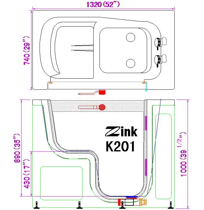 Zink K201 Small Corner Jet Shower Disability Bathtub With Door Adult Portable Plastic