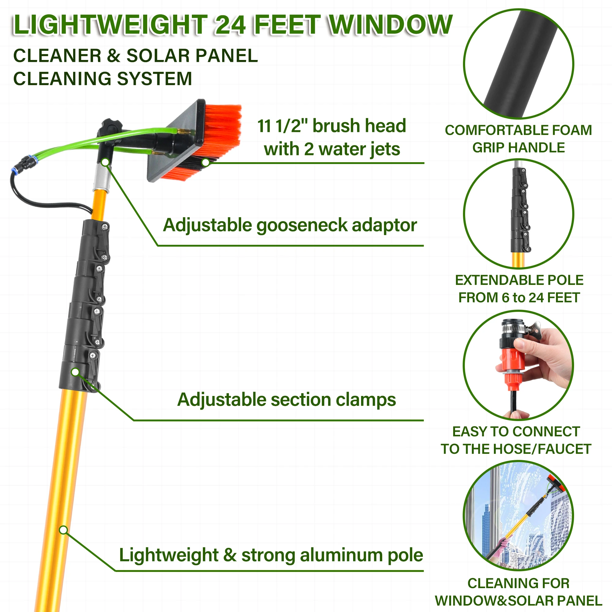 Extendable solar panel brush Water Fed Telescopic Brush Window Cleaning Pole for Extendable Cleaner Conservatory Roof