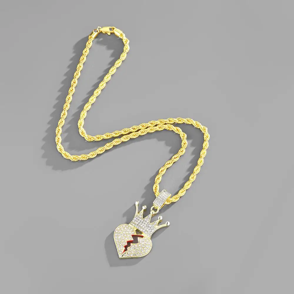 PJ-C501 New Hip Hop Punk Crown Broken Heart Zircon Pendant Lovers Necklace Cuba Chain