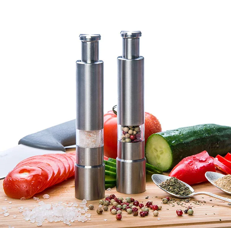 Mini Stainless-Steel One-Handed Thumb Push Button Spice Mill Salt And Pepper Grinder Set With Stand For BBQ