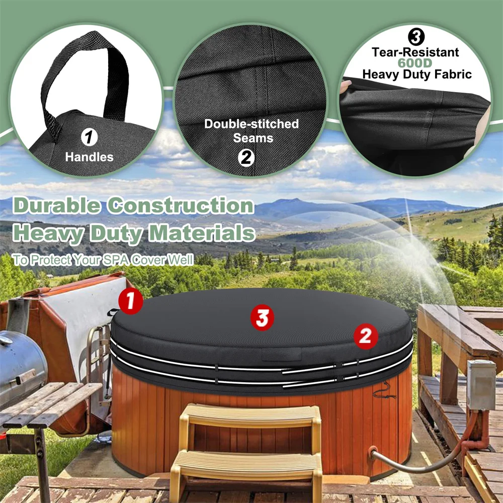 BEELAND 600D Heavy Duty Hot Tub Cover Round Outdoor Patio Waterproof SPA Covers With Straps